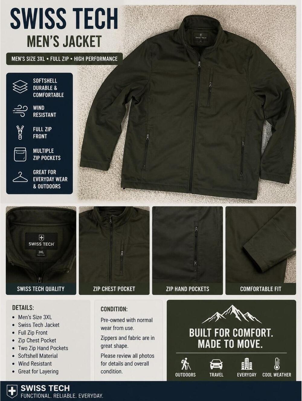 Swiss Tech Men’s Softshell Jacket – Size 3XL